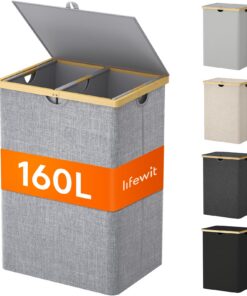 Lifewit 160L Grauer Wäschekorb mit Deckel & Abnehmbarer Sackfunktion für Waschküche & Schlafzimmer – Recycled Claim Stan