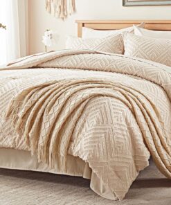 Luofanfei Bohemian Style Wendebettwäsche Set Beige Microfaser Stickerei Geometrisches Muster für Wendebetten 220x240cm R