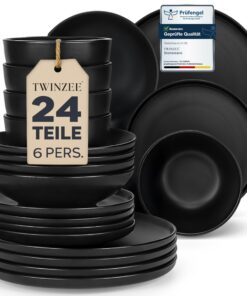 Twinzee Ebony 24-teiliges Matt-Schwarzes Steingut-Geschirrset für 6 Personen - Mikrowellengeeignet