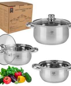 Topfset Induktion Edelstahl 3-Teilig - Kochtöpfe für Alle Herdarten - Kochtopf Set mit Glasdeckel