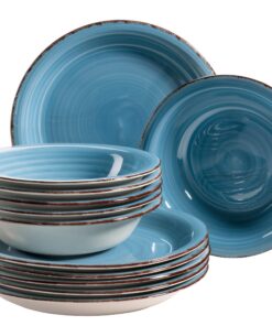 MÄSER 931602 Bel Tempo II Teller-Set - moderner Vintage Look, handbemalt, für 6 Personen, Steingut, Blau