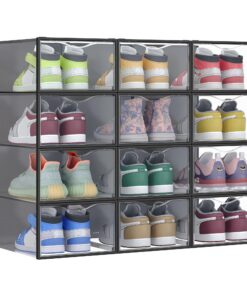SONGMICS Schuhboxen für Schuhe bis Größe 43,-transparent-tintenschwarz, stapelbar, einfach montieren, 12er Set, LSP312B0