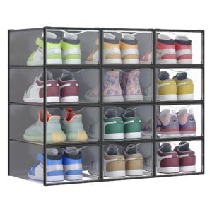 SONGMICS Schuhboxen für Schuhe bis Größe 43,-transparent-tintenschwarz, stapelbar, einfach montieren, 12er Set, LSP312B0