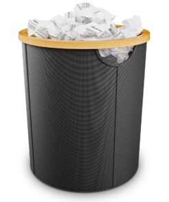Bambus Mülleimer Büro | Runder Schwarz Oxford-Stoff Papierkorb für Homeoffice Schreibtisch