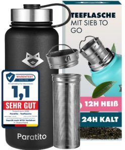 PARATITO® Teesiebe Flasche 1L - Auslaufsichere Edelstahl Thermosflasche für Campen und auf Reise; mit Sieb für losen Tee