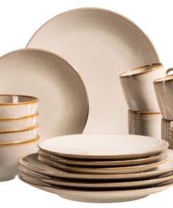 MÄSER 931736 Geschirr-Set für 4 Personen, mediterraner Vintage-Look, Keramik, Sandgrau | MÄSER 931736 16-teiliges Kombi