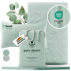 Pure Shores - 100% Lyocell Bettwäsche Set 135x200 Oeko-Tex | Ozean-Grün | Soft wie Satin | Reißverschluss | Set mit Kiss