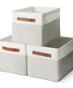 Amazon Basics Faltbare Aufbewahrungskörbe mit Ledergriffen, Leinen, für Lagerung von Wäsche, groß, 3 Stück - Perfekt fü