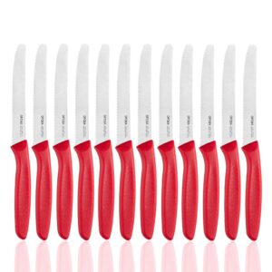OPOLIA Frühstücksmesser, Premium Edelstahl, Stabiler Kunststoffgriff für Tafel Nutzung, Spülmaschinenfest, 12 Stück, Rot