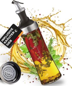Cucino Ölflasche mit Kräutersieb - tropffreies Dosieren für Selbstgemachte Aroma-Öle – 570ml echte Glasflasche