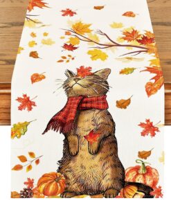 Ferizzia Herbstdeko Tischläufer 40x140cm, Saisonaler Tischdeko mit Kürbis, Ahornblättern, Katze, für Küche und Outdoor P