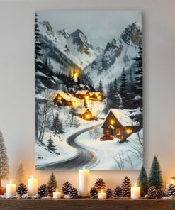 Spetebo Weihnachts Wandbild mit LED Beleuchtung - Winterdorf Leinwandbild warm weiß - Weihnachten Advent Winter Bild Fot