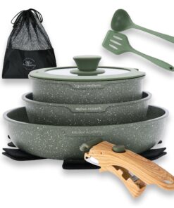 Kitchen Academy Topfset 10tlgGrün, Kochgeschirr-Set mit Antihaft-Versiegelung und Glasdeckeln, ideal für Familie und Gas
