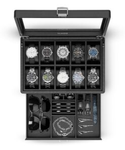 Vlando Uhrenbox Herren mit Glasdeckel und 10 Fächern, Geschenkidee für geliebte Menschen, elegante 2-stöckige Schmucksch