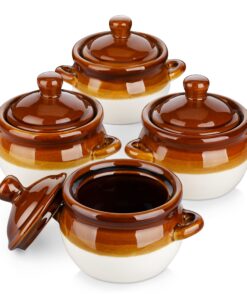 LOVECASA French Onion Soup Suppenschalen, 4 Stück Steingutfassung, 660ml Henkel Suppentassen mit Deckel für Zwiebelsuppe