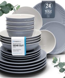 Pure Living Steingut Geschirrset 6 Personen 24 tlg. Hygge TESTSIEGER Graublau