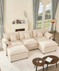 Beige U-Förmiges modulares Sofa 3-Sitzer Ecksofa mit Hocker | tiefes Sitzdesign | Cloud Couch für Wohnzimmer