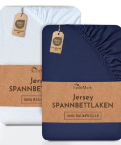NatureMark Spannbettlaken 2er Pack Jersey – 100% Baumwolle, Öko‑Tex Standard 100, 120 x 200 cm, Navy & Weiß