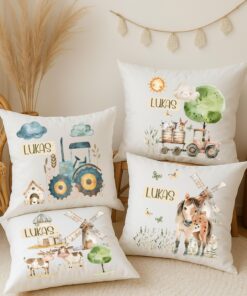 Wolga-Kreativ personalisiertes Kuschelkissen Kinder Bauernhof-Motive mit Namen – Flauschiges Babykissen Geschenk für Jun