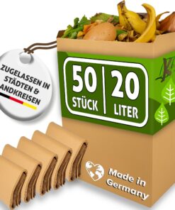 Biomüllbeutel 20L 50Stk plastikfrei I nass & reißfest für Biomüll I Papierpaketissen I Biomülltüten Papier