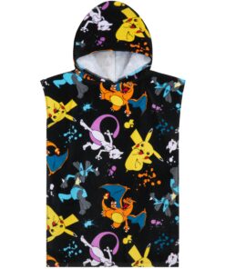 Pokémon Pikachu Badeponcho Kinder 6-9 Jahre Kuschelig Saugstark (Schwarz/Mehrfarbig)