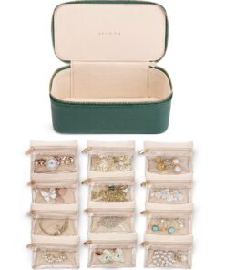 Vlando Damen Schmuckkästchen Grün - Geschenkidee zur 50. und 60. Geburtstag, Schmuck-Organizer mit 12 Samt-Schmuckbeutel