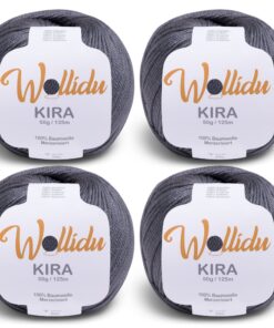 Wollidu Kira 4er-Set mercerisierte Baumwolle - 100% Baumwolle, uni Dunkelgrau, 4×50 g feines Häkelgarn & Strickgarn, 125
