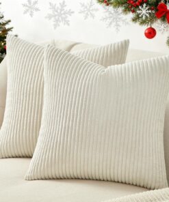 Topfinel 2er Set gestreift Kordsamt Kissenbezüge Creme für Wohnzimmer Deko