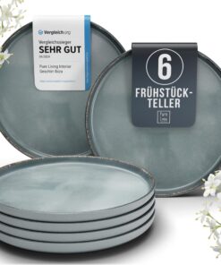 Pure Living Steingut Frühstücksteller 6 Personen - Rustic TESTSIEGER Rauchblau