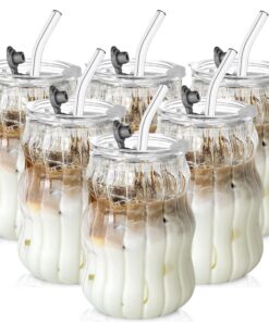 **KEMORELA Vintage Blasengläser mit Glasstroh für Kaffee & Cocktails - Carbonfree Certified 6er Set, 530ml, Stilvolles