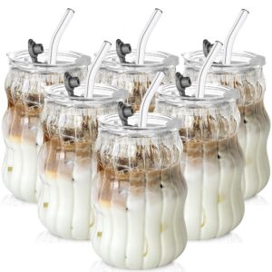 KEMORELA 6 Glasbecher mit Deckel & Strohhalmen - Eiskaffee, Bubble Tea & Säfte für Zuhause, Café & Partys - Klare gerif