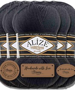 Hobby YARN Alize Superlana Klasik Turkish Premium Wolle für Strickanfänger 5 x 100 g Baumwolle und Acryl Black 60leys St