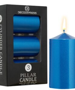 DECO EXPRESS Metallic Blau Stumpenkerzen Set, 3er-Pack, Lange Brenndauer, 30 Stunden, Geruchslos