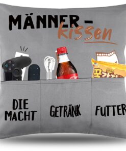 Originelles 45x45 cm Männerkissen mit Taschen für Bier, Die Macht und Snacks - Die perfekte Geschenkeidede zum Geburtsta