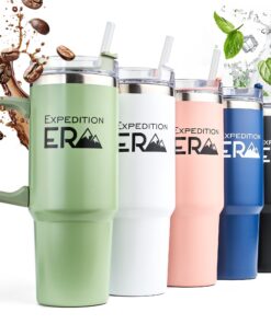 Thermobecher mit Strohhalm Grün - Tumbler Thermo Becher mit Griff - Edelstahl Isolierbecher Groß - Trink Reisebecher - K