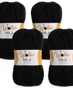 Wollidu Mila Garn zum Häkeln und Stricken - Schwarz - 4 x 50g/133m - OEKO-TEX STANDARD 100 - Qualitätliches Strickgarn