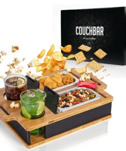 AH® Couchbar Snackbox mit Leuchteffekt – Bambus Sofa Tablett mit Handy- & Getränkehalter für Couch