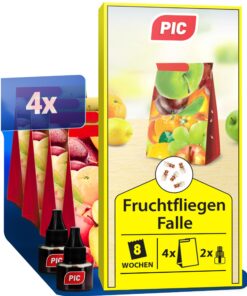 PIC Fruchtfliegenfalle für den Hausgebrauch - Flöteleimfalle mit 4 Leimfallen und 2 Lockstoffbehältern für die Küche