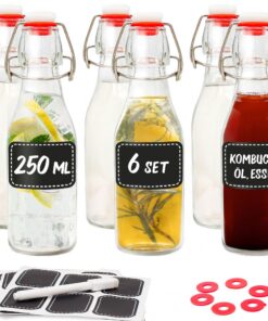 Praknu 6er Set 250ml Glasflaschen mit Bügelverschluss inkl. Extra Dichtungen Etiketten für Öl Essig Saft