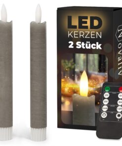 Novaliv Stabkerzen LED mit Timer für Indoor - TAUPE GRAU, 18cm, 2 AAA Batterien, bewegliche Flamme