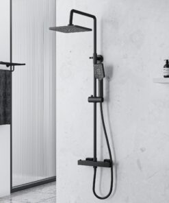 MORADO Schwarzes Dushcharmatur komfortabel fürs Bad, Thermostatisches Duschsystem mit Regendusche und Duschkopf, matt s
