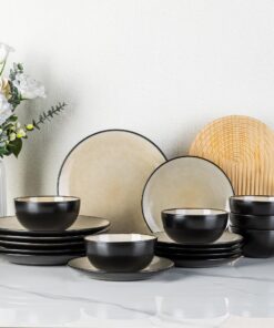 GBhome Steingut Geschirrset 18 Teile 6 Personen - Mikrowellenfest Reaktive Glasur Handarbeit Cappuccino