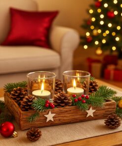 KAMACA Adventsgesteck mit Tannenzapfen déco Advent Weihnachten handgemacht (Adventsgesteck 2 Teelichthalter 28x15x11 cm)