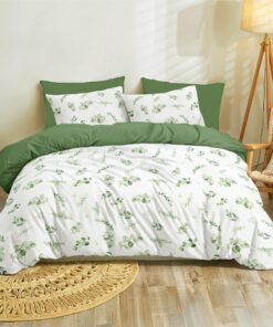 Dreamzie Bettwäsche Set für Erwachsene - Botanic-Motiv Salbeigrün - 240x220 cm mit 2 Kissenbezügen 80x80 cm - Zertifizie