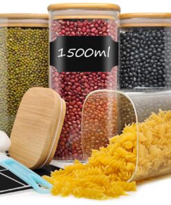 Withosent 1,5L Vorratsdosen Glas Set für Küche - Eckeckige Vorratsgläser mit Holzdeckel - Nudeln, Müsli, Bohnen, Cornfla