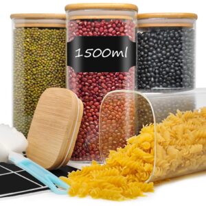 Withosent 1,5L Vorratsdosen Glas Set für Küche - Eckeckige Vorratsgläser mit Holzdeckel - Nudeln, Müsli, Bohnen, Cornfla