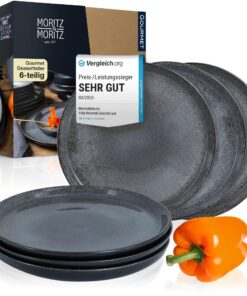 Moritz & Moritz VIDA 6er Dessertteller Set Anthrazit - Spülmaschinen- & Mikrowellengeeignet Porzellan für 6 Personen
