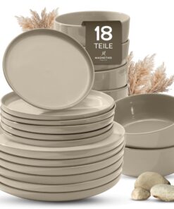 Magnetiks Feinsteinzeug Geschirr-Set 18 Teile für 6 Personen – kratzfester & massiver als Steingut, beige glanz Teller S