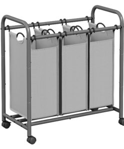 SONGMICS Wäschekorb LSF003GS 3 Fächer, Wäschesortierer für Familie, Waschtag,-sortierte Wäsche, leicht beweglich, grau