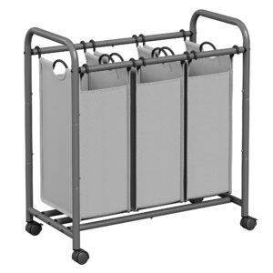 SONGMICS Wäschekorb LSF003GS 3 Fächer, Wäschesortierer für Familie, Waschtag,-sortierte Wäsche, leicht beweglich, grau